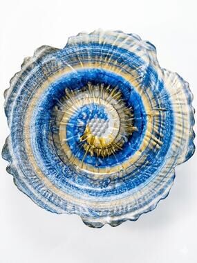 Vintage Large 16" Art Glass Bowl - Blue and Gold Swirl Centerpiece Organic Dish